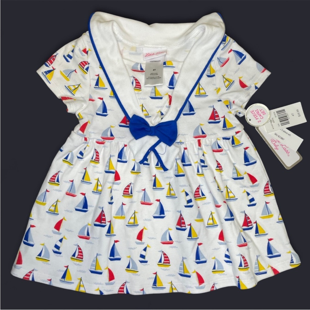 NWT Little Lass Nautical Sailboat Dress w/Sailor Collar White/Blue 4T